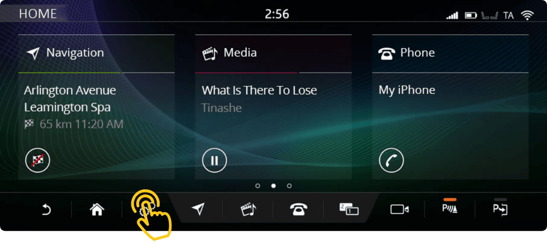 View-of-options-in-infotainment-InControl-Touch-Pro-screen-with-yellow-hand-icon-presseing-settings-icon-on-task-bar