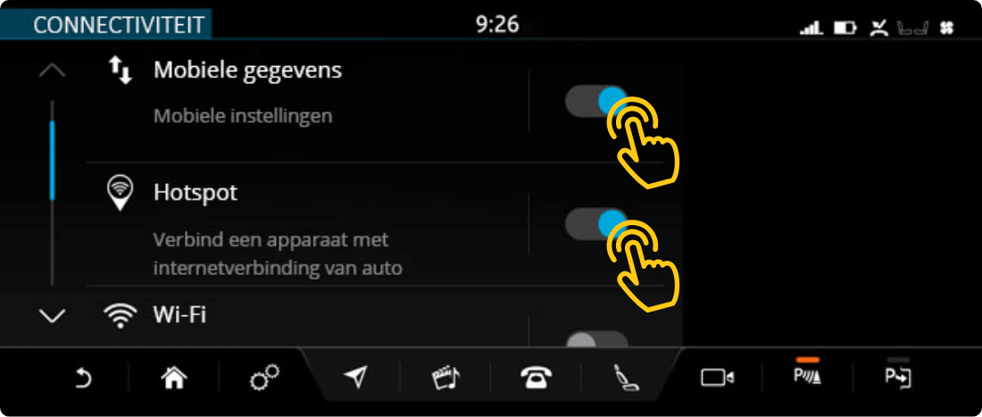 Infotainment-screen-with-yellow-hand-icons-turning-mobile-data-and-hotspot-options-on